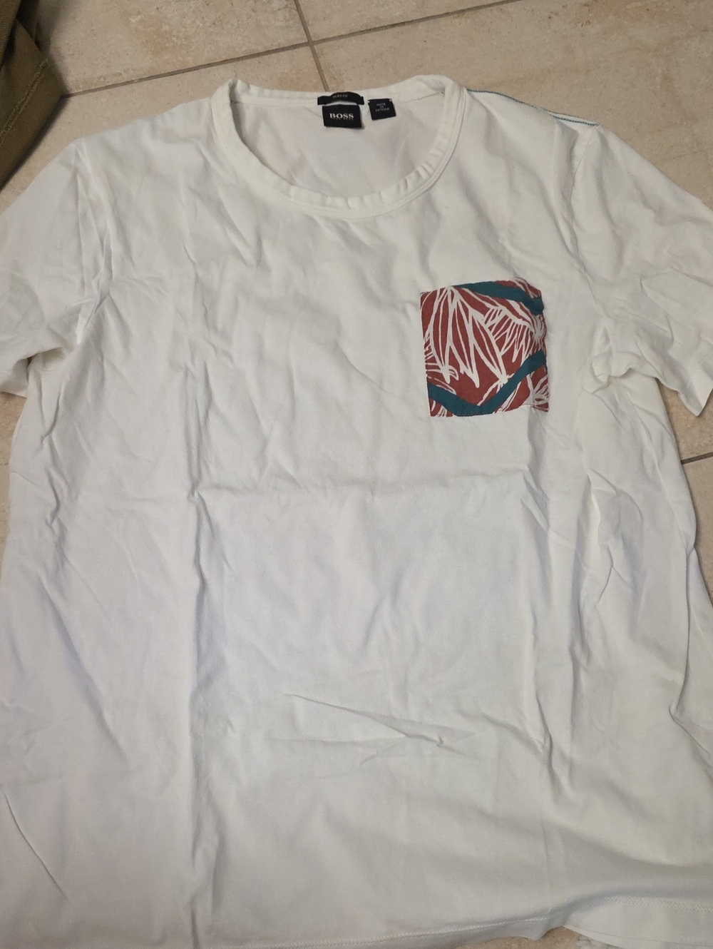 BOSS White Short-Sleeve Tee with Patterned Chest Pocket